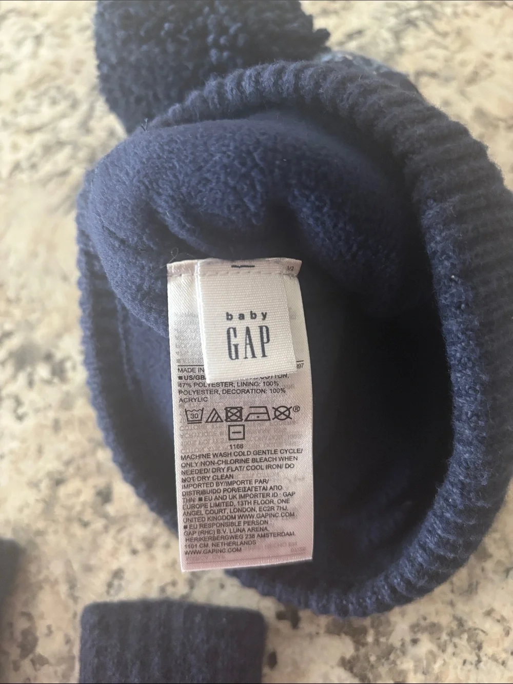 GAP Navy Pom Pom Beanie and Mittens Set with Red and Green Fair Isle